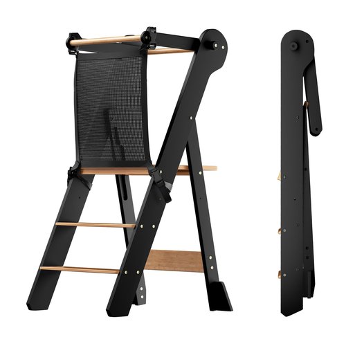 COSYLAND Foldable Toddler Standing Tower - Adjustable Height Folding Step Stool Kid Toddler Kitchen Stool for Learning and Cooking - Ages 18 Months to 6 Years with Safety Net Natural & Charcoal