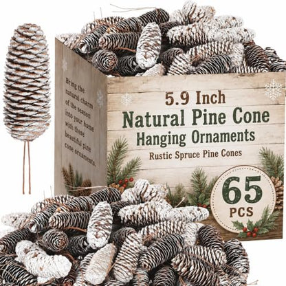 Christmas Pine Cones Picks with Snow - 65 Large Natural Decorations - Snowy Winter Decor Variation of Snow