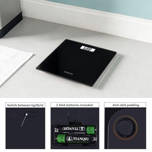 NUTRI FIT Digital Bathroom Scale Body Weight Scales 400 lbs Ultra Slim Most Accurate for Gym Yoga Studio with Large Backlit Display, Black