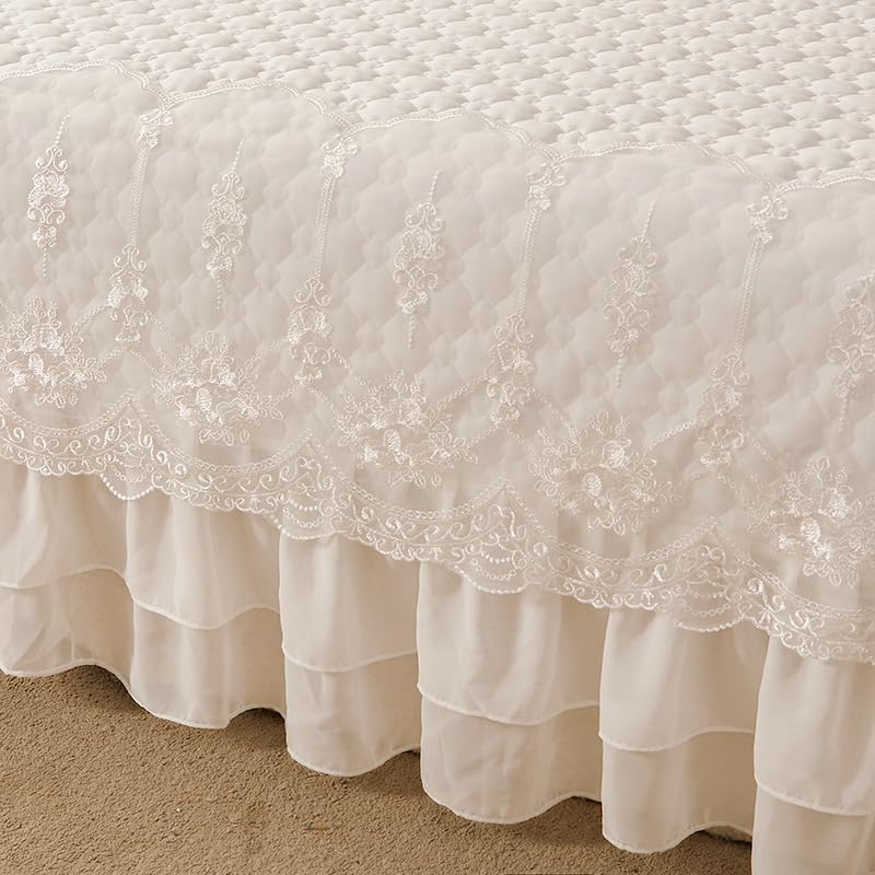 Queen White Plaid Quilted Bedspread with Ruffle Lace Decor