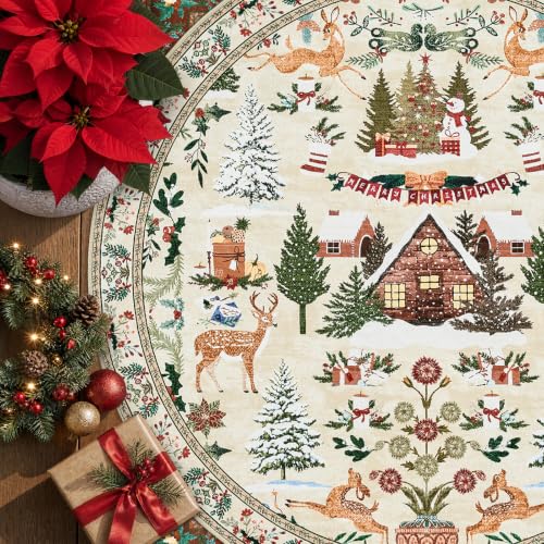 Cabin Tales Beige Round Christmas Rug 6ft for Living Room - Washable Holiday Decor