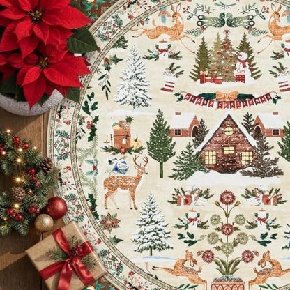 Cabin Tales Beige Round Christmas Rug 6ft for Living Room - Washable Holiday Decor