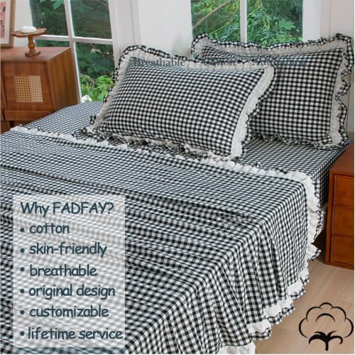 Queen Size Washed Cotton Sheet Set with Gingham Ruffle - Black & White