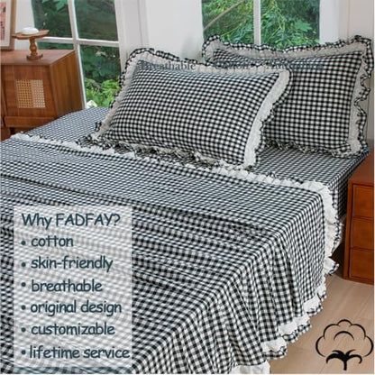 Queen Size Washed Cotton Sheet Set with Gingham Ruffle - Black & White