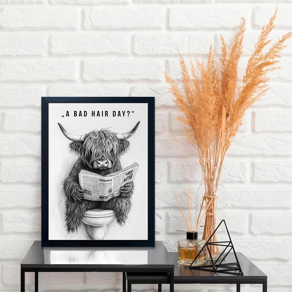Orvannaatr Highland Cow Wall Art - Humorous Sketch of Cow on Toilet | Fun Bathroom Décor
