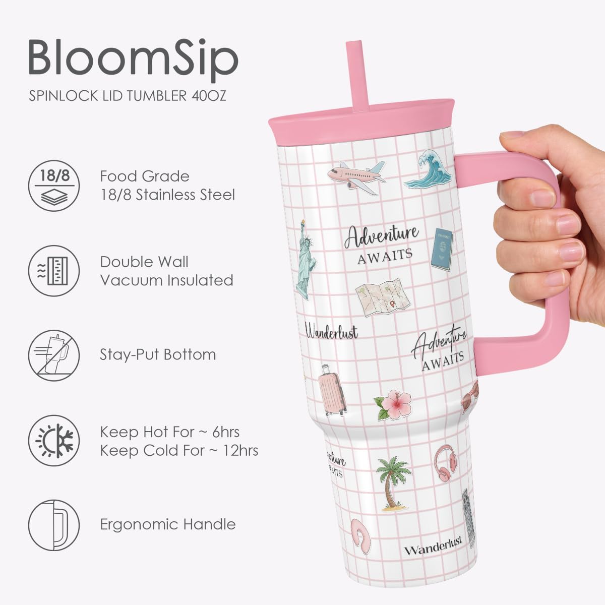 SANDJEST Stainless Steel Travel Tumbler - 40oz Insulated Cup with Locking Lid & Silicone Straw | Perfect Gift for Women