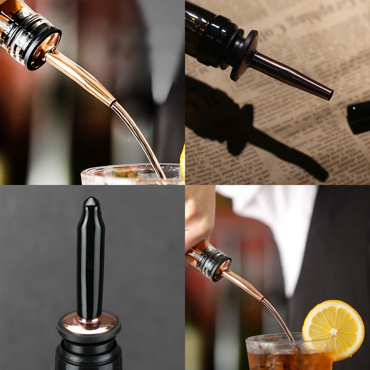 Stainless Steel Copper Liquor Pour Spouts Set - Tapered Speed Pours Nozzles with Rubber Dust Caps | Pourers For Alcohol, Olive Oil & Liquor Bottles | Bartender Accessories for Bar & Home Use