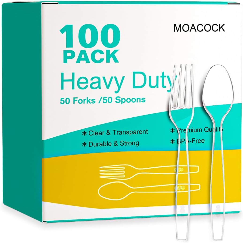 MOACOCK Heavyweight Plastic Silverware Set - 100 Count Disposable Forks & Spoons for Weddings & Parties
