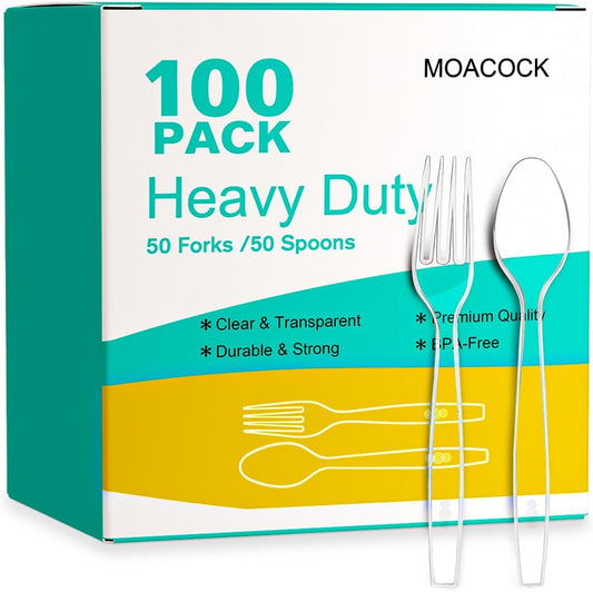 MOACOCK Heavyweight Plastic Silverware Set - 100 Count Disposable Forks & Spoons for Weddings & Parties