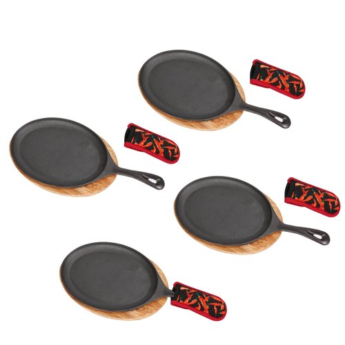 4 PCS Fajita Skillet, Cast Iron Skillet Set, Sizzler Plates With Wooden Base And Handle Cover, Steak Plates, Cast Iron Plates for Home Party Eating