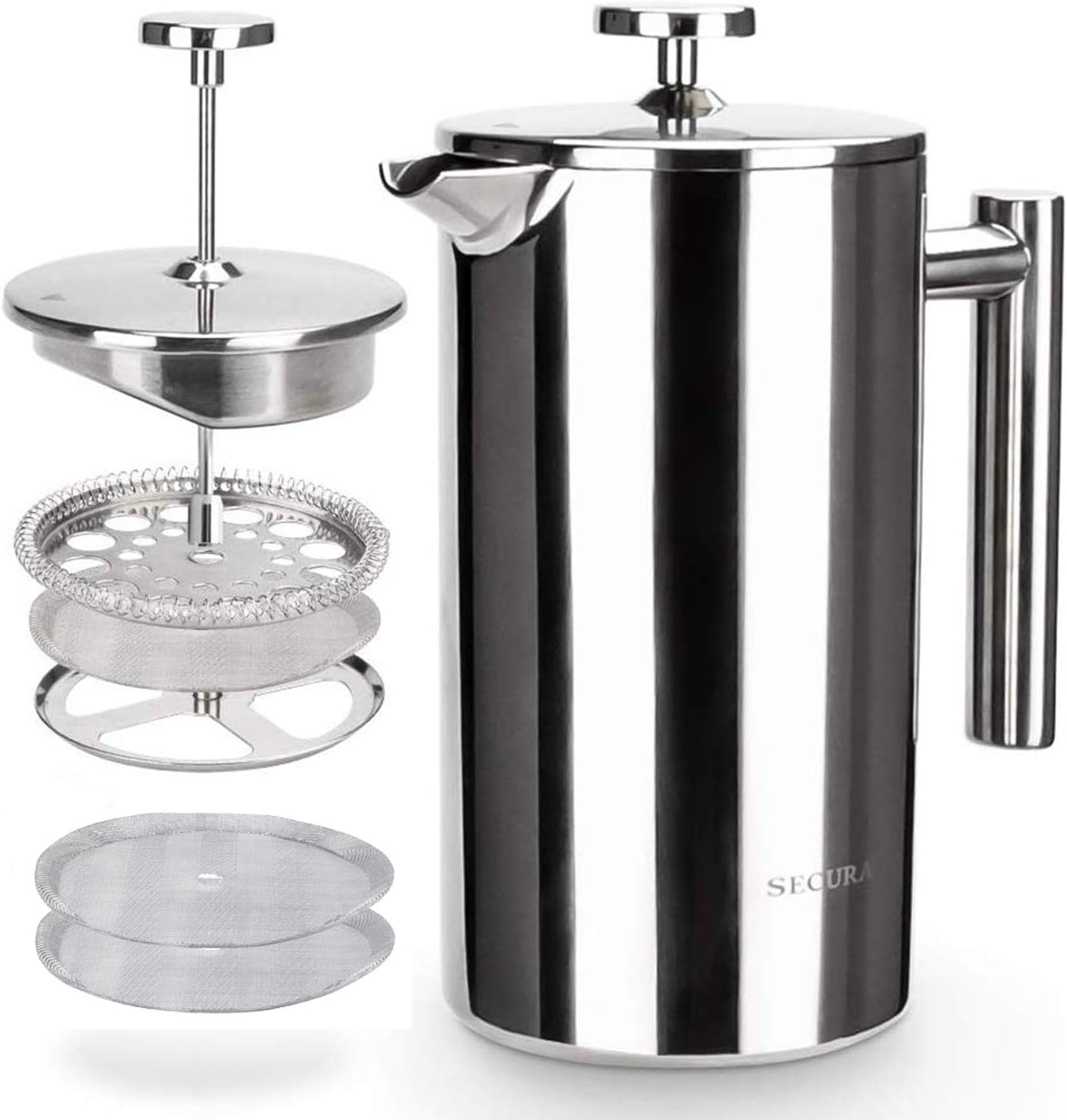 Secura French Press Coffee Maker - 304 Grade Stainless Steel Insulated Design | 34oz (1 Litre), Silver