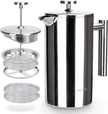 Secura French Press Coffee Maker - 304 Grade Stainless Steel Insulated Design | 34oz (1 Litre), Silver