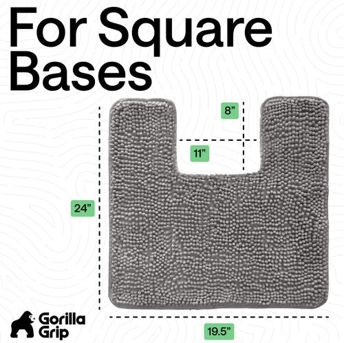 Gorilla Grip Plush Chenille Bath Rug Mat - Soft Microfiber for Square Toilet Base | Machine Washable, Grey
