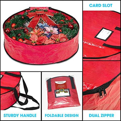 ProPik Christmas Wreath Storage Bag - Heavy-Duty Tear Resistant Holiday Container - 36” X 8” (Red)