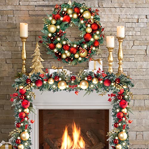 Pre-Lit Christmas Wreath and Garland with 50 LED Lights Red Gold Theme
