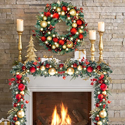 Pre-Lit Christmas Wreath and Garland with 50 LED Lights Red Gold Theme