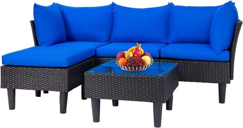 FDW Outdoor Sectional Sofa Set - 5 Pieces Wicker Rattan Conversation Furniture with Blue Cushions for Patio, Garden, Balcony