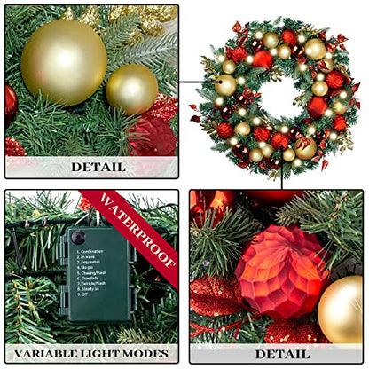 Pre-Lit Christmas Wreath and Garland with 50 LED Lights Red Gold Theme