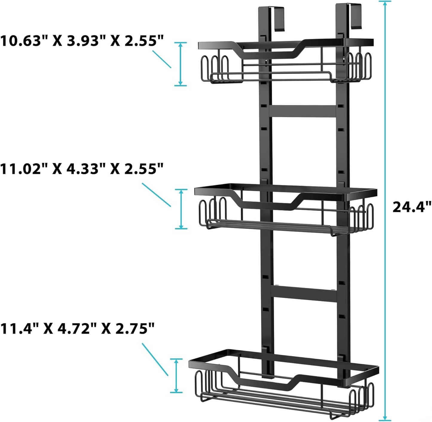 Moforoco Over The Door Shower Caddy - 3-Tier Hanging Organizer for Bathroom & Kitchen Storage - Black