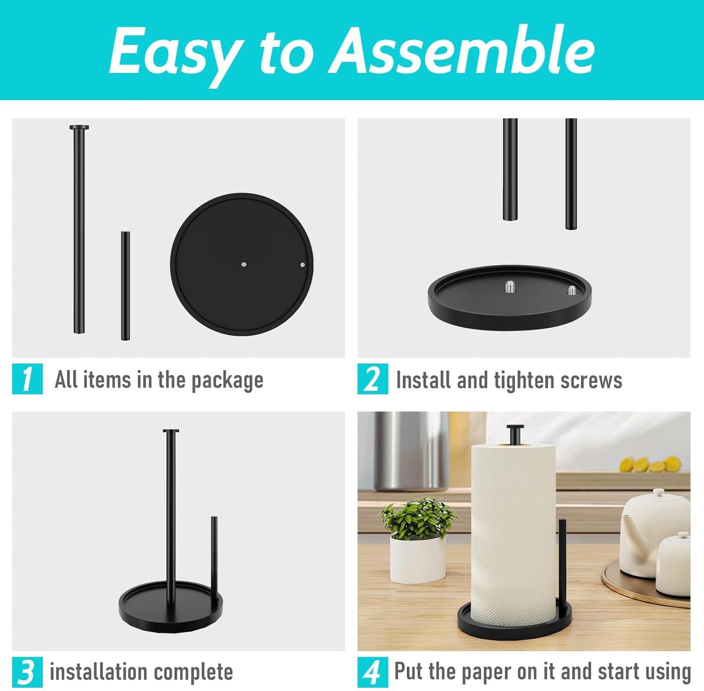 Stainless Steel Paper Towel Holder - Freestanding Design with Anti-Slip Weighted Base | Black