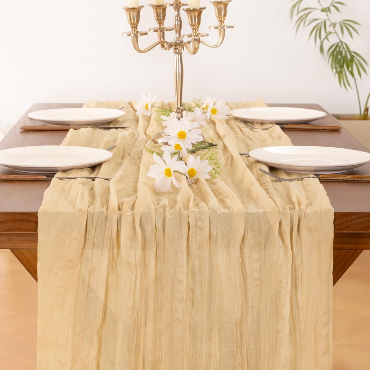 Socomi Gold Champagne Cheesecloth Table Runner - 120 Inch Rustic Boho Decor for Weddings & Events
