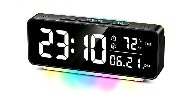 Digital Alarm Clock with RGB LED Light, Large Display, Dual Alarm, Temperature & Date