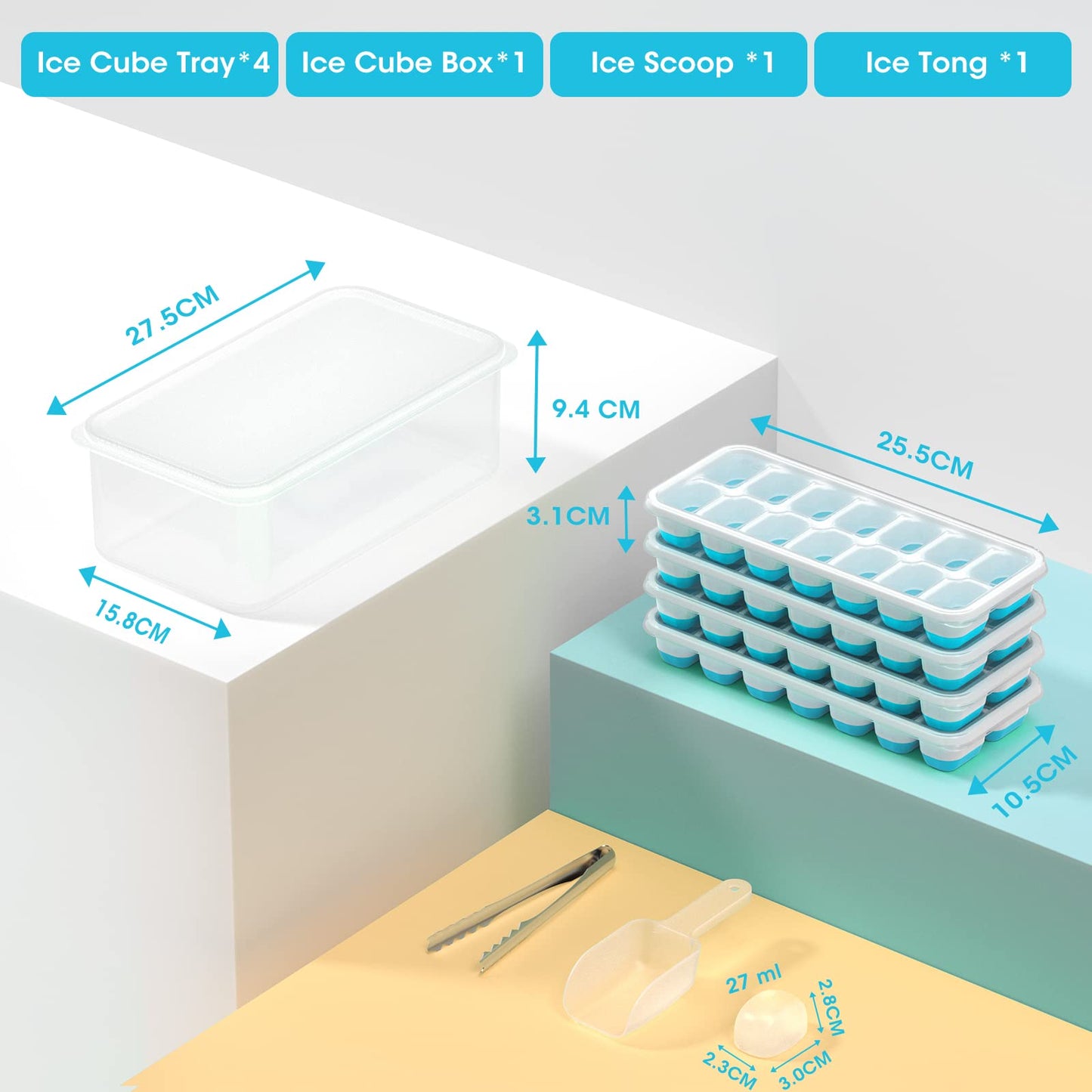 DOQAUS Ice Cube Tray with Lid and Bin, 4 Pack Silicone Plastic Ice Cube Trays for Freezer with Ice Box, Ice Trays with Ice Container, Stackable Ice Tray with Storage Ice Bucket,Ice Tong,Ice Scoop