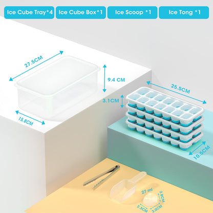 DOQAUS Ice Cube Tray with Lid and Bin, 4 Pack Silicone Plastic Ice Cube Trays for Freezer with Ice Box, Ice Trays with Ice Container, Stackable Ice Tray with Storage Ice Bucket,Ice Tong,Ice Scoop