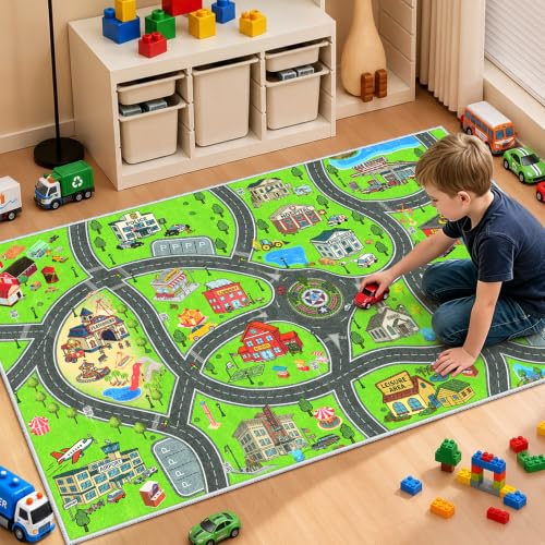 Kids City Road Play Rug 3x5ft Washable Non-Slip Car Play Mat - Green