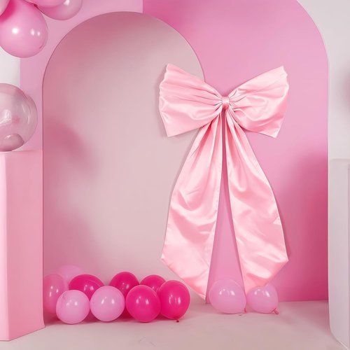 Giant Pink Bow Decor - Oversized Satin Ribbon Bow (45x24 Inch) | Blush Wall Decor for Coquette Rooms & Ballerina Birthdays