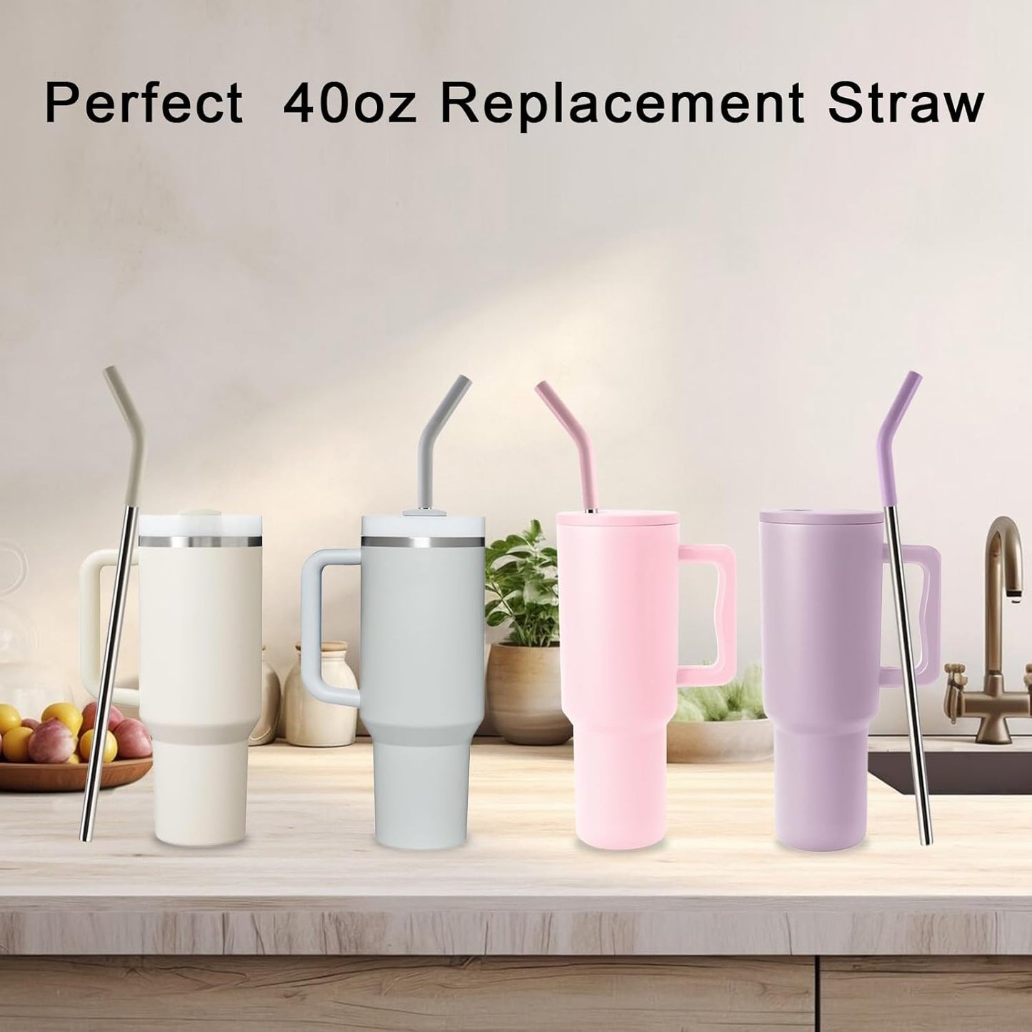 Stanley Replacement Straws - Reusable Metal Straws for 40oz Tumblers | 4-Pack 12" Extra Long with Silicone Tips