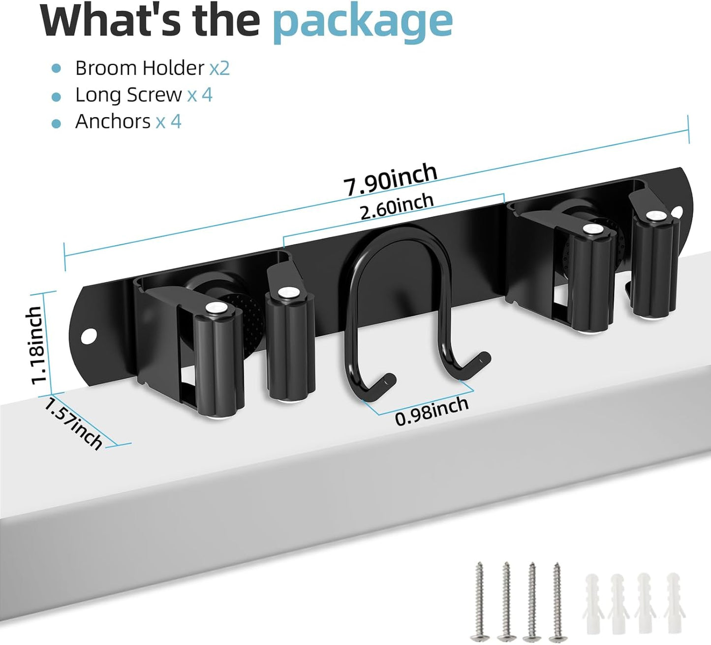 Stainless Steel Broom Holder Wall Mount - 2 Slots & 2 Hooks Organizer for Home, Garage & Garden
