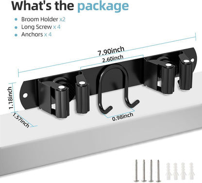 Stainless Steel Broom Holder Wall Mount - 2 Slots & 2 Hooks Organizer for Home, Garage & Garden