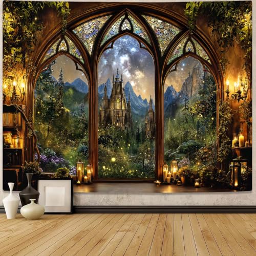 Fantasy Forest Mountain Castle Tapestry 48x36 Inch Wall Decor
