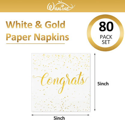 Whaline Cocktail Napkins - 80 Pcs White Gold Foil Congrats Design for Graduation & Celebrations