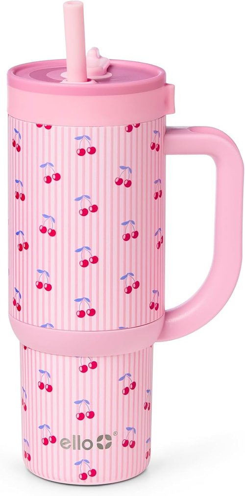 Ello Oasis 18oz Stainless Steel Tumbler - Stylish Preppy Cherries Design for On-the-Go Hydration