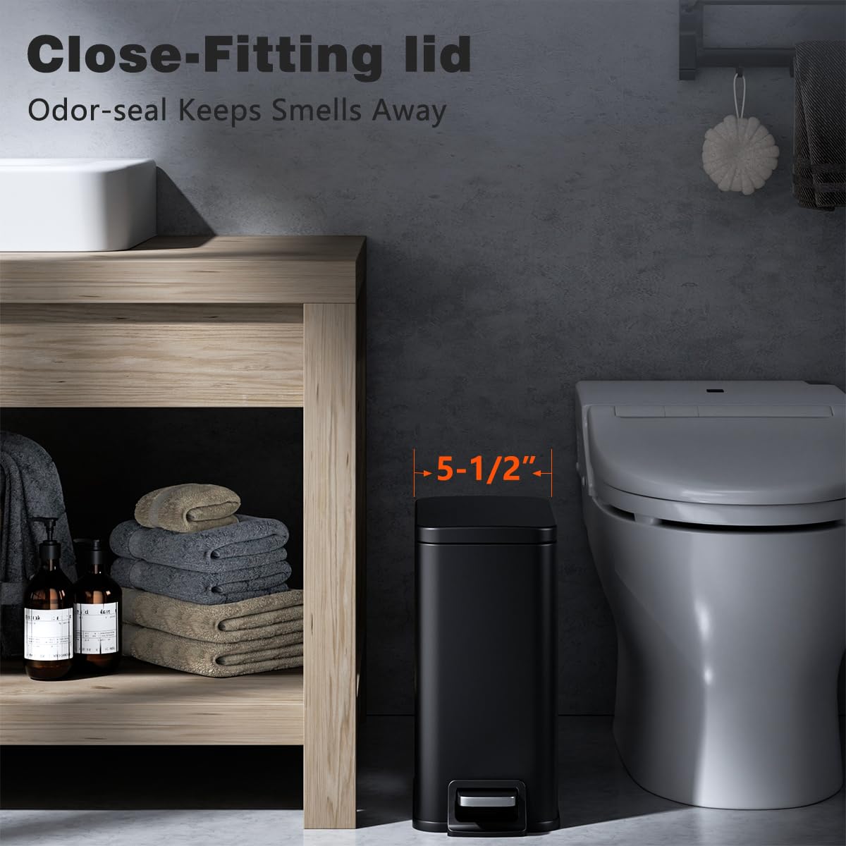 Regine Switzerland Slim Bathroom Trash Can - 1.6 Gallon Stainless Steel with Soft Close Lid & Removable Inner Bucket