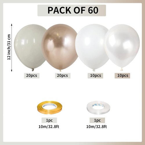 Champagne Gold & White Balloons - 60Pcs Metallic Beige, Pearl, & Ivory for Boho Wedding & Birthday Decor