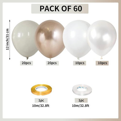 Champagne Gold & White Balloons - 60Pcs Metallic Beige, Pearl, & Ivory for Boho Wedding & Birthday Decor