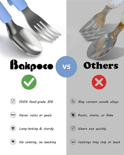 Bakpoco 6PCS Toddler Utensils Set - 316 Stainless Steel Baby Forks & Spoons with Silicone Handles - BPA Free, Dishwasher Safe, Bright Colors