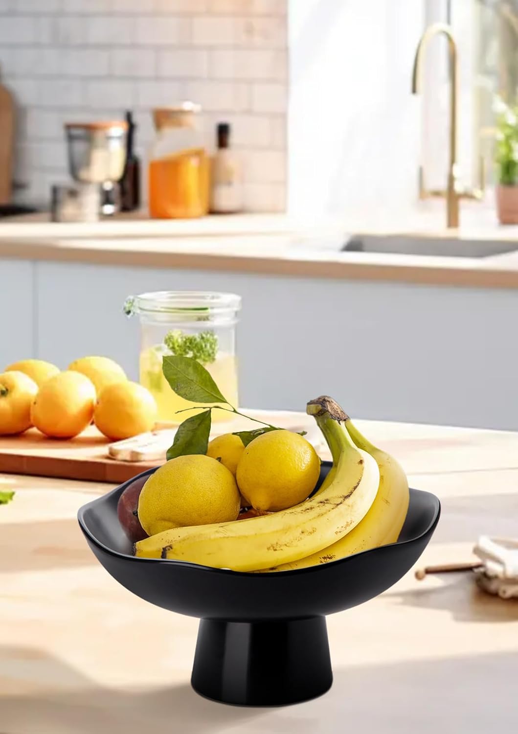Nucookery Ceramic Fruit Bowl - Modern 10-Inch Decorative Kitchen Counter Stand | Matte Black Design