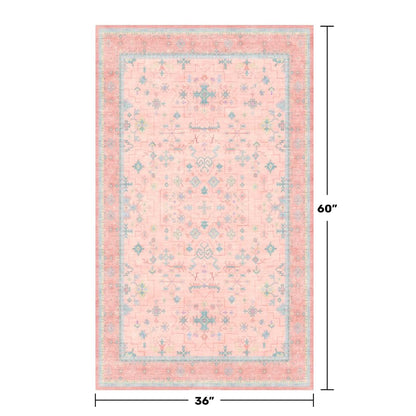 Washable 3x5 Pink Rugs for Girls Bedroom Beside Bed, Nursery Rug, Soft Faux Wool Low Pile Non Slip Stain Resistance Carpet, Pink & Blue