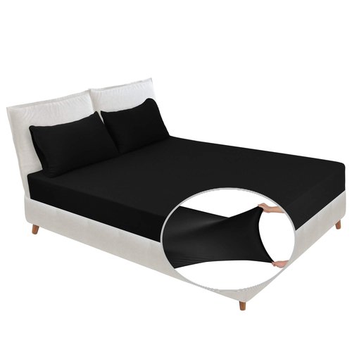 Soft Stretch Queen Fitted Sheet & 2 Pillowcases Set(No Flat Sheet) - Jersey Knit Microfiber, Super Stretchy & Stay Put for Mattress (Deep: 5"-15"), Wrinkle Resistant, Queen, Black