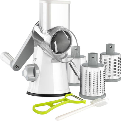 Ourokhome Rotary Cheese Grater - Hand Crank Kitchen Shredder with 3 Blades for Cheese, Vegetables & Nuts - White
