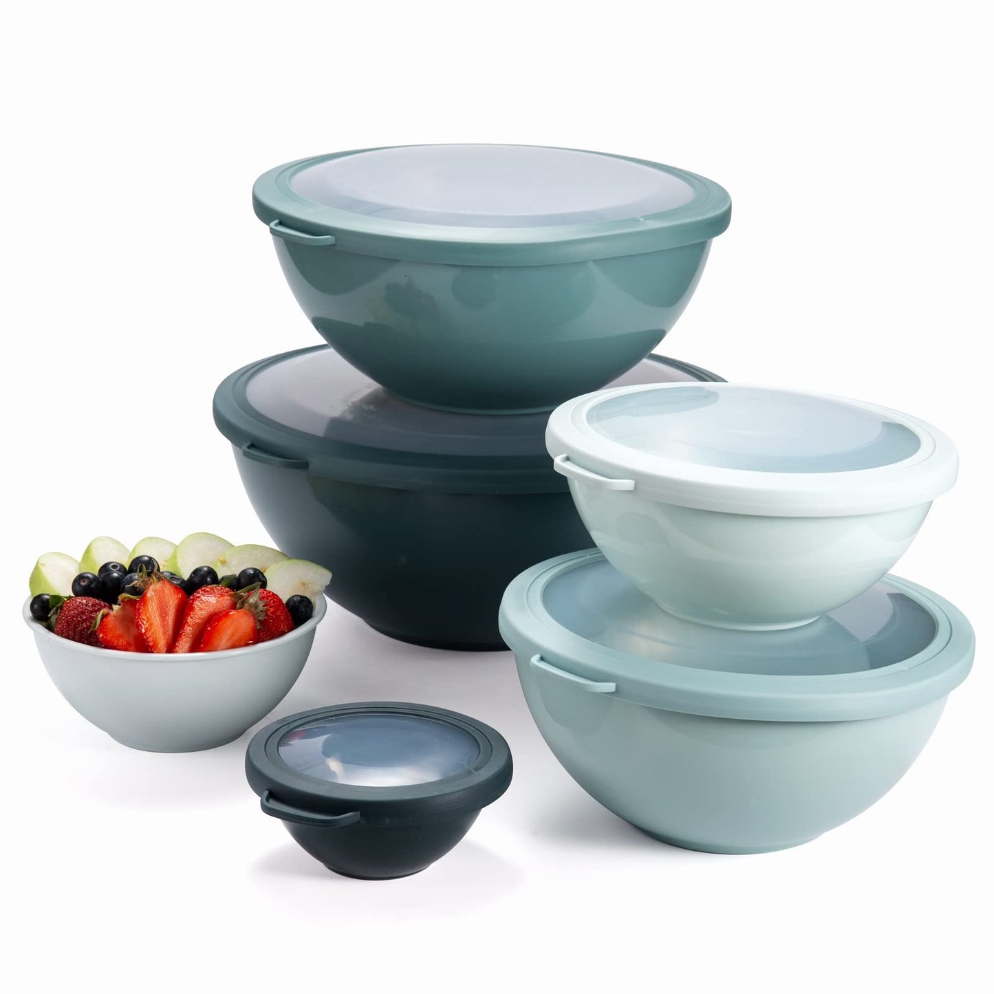 COOK WITH COLOR Mixing Bowls with TPR Lids - 12 Piece Plastic Nesting Bowls Set includes 6 Prep Bowls and 6 Lids, Microwave Safe Mixing Bowl Set (Teal)