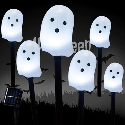 Fcysy Halloween Decorations Solar Lights Outdoor, 6 Pcs Solar Powered Halloween Lighted Ghosts Pathway Stake String Lights, Halloween Party Décor Walkway Lights, Halloween Yard Garden Solar Light