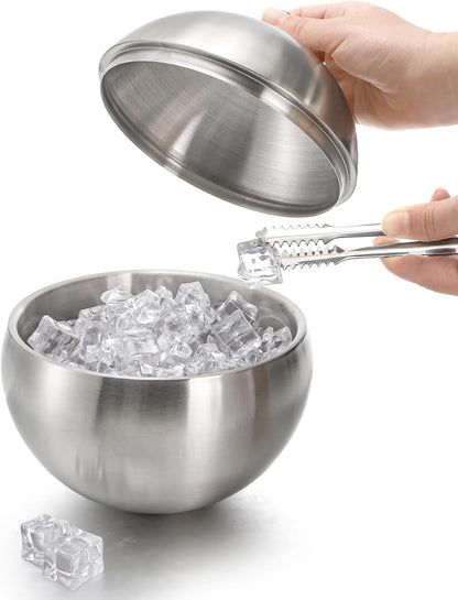 Yesland Ice Bucket with Lid, Double Insulation Ice Box Container Storage Box, 2 L Stainless Steel Ice Bucket Container with Ice Tong Scooper, Spherical Wine Champagne Barrel for Home Party Bar