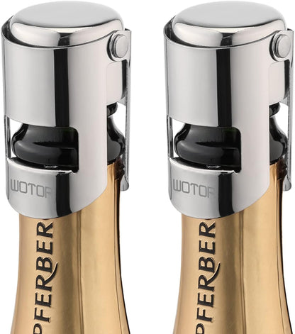 WOTOR Champagne Stoppers with Stainless Steel Champagne Bottle Stopper with Food Grade Silicone Reusable Champagne Cork, Saver Suitable for Champagne, Cava, Prosecco, Sparkling Wine (Silver, 2pack)