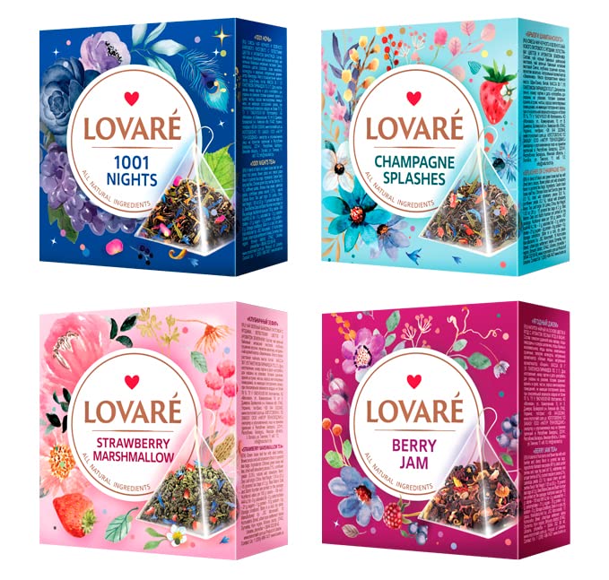 LOVARE Assorted Tea Variety Pack of 60 Pyramids - Made in Ukraine - Set of 4 Pyramid Tea Bags Boxes – 1001 Nights, Strawberry Marshmallow, Champagne Splashes, Berry Jam - Flavored Tea Pyramid Bags