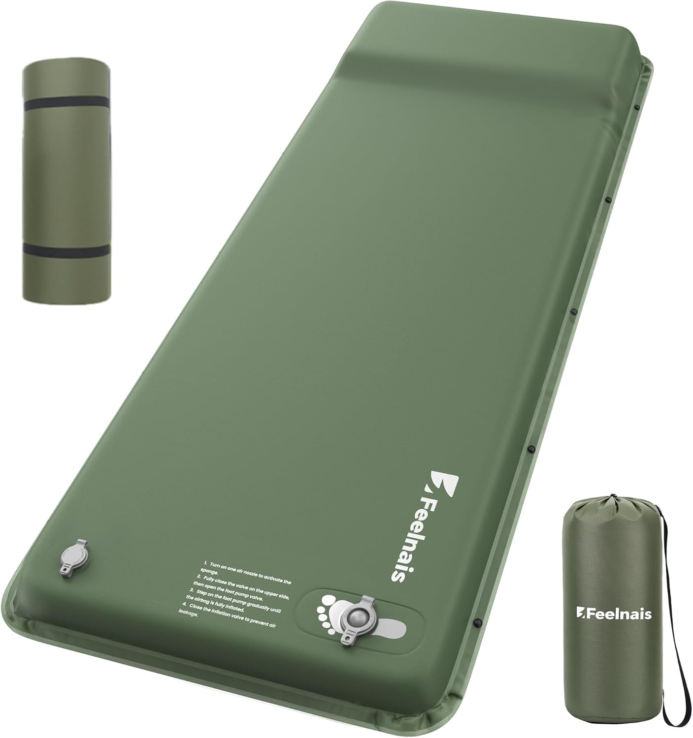 Skiennix Camping Sleeping Pad - Inflatable Memory Foam Mattress with Built-In Foot Pump | Green, 4 Season